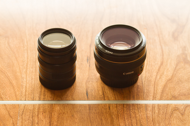 Size comparison of a Leica 50mm f 1.4 M mount lens and a Canon 50mm f 1.4 EF mount lens